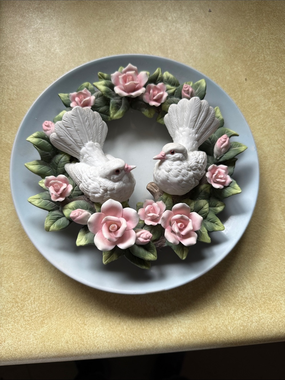 Vintage Porcelain Dove Wreath Plate with Pink Roses